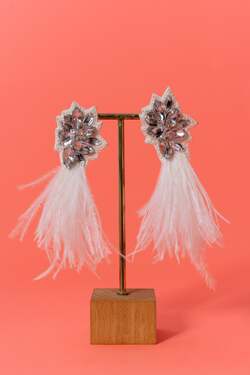 Silver stones and feather handcrafted earrings